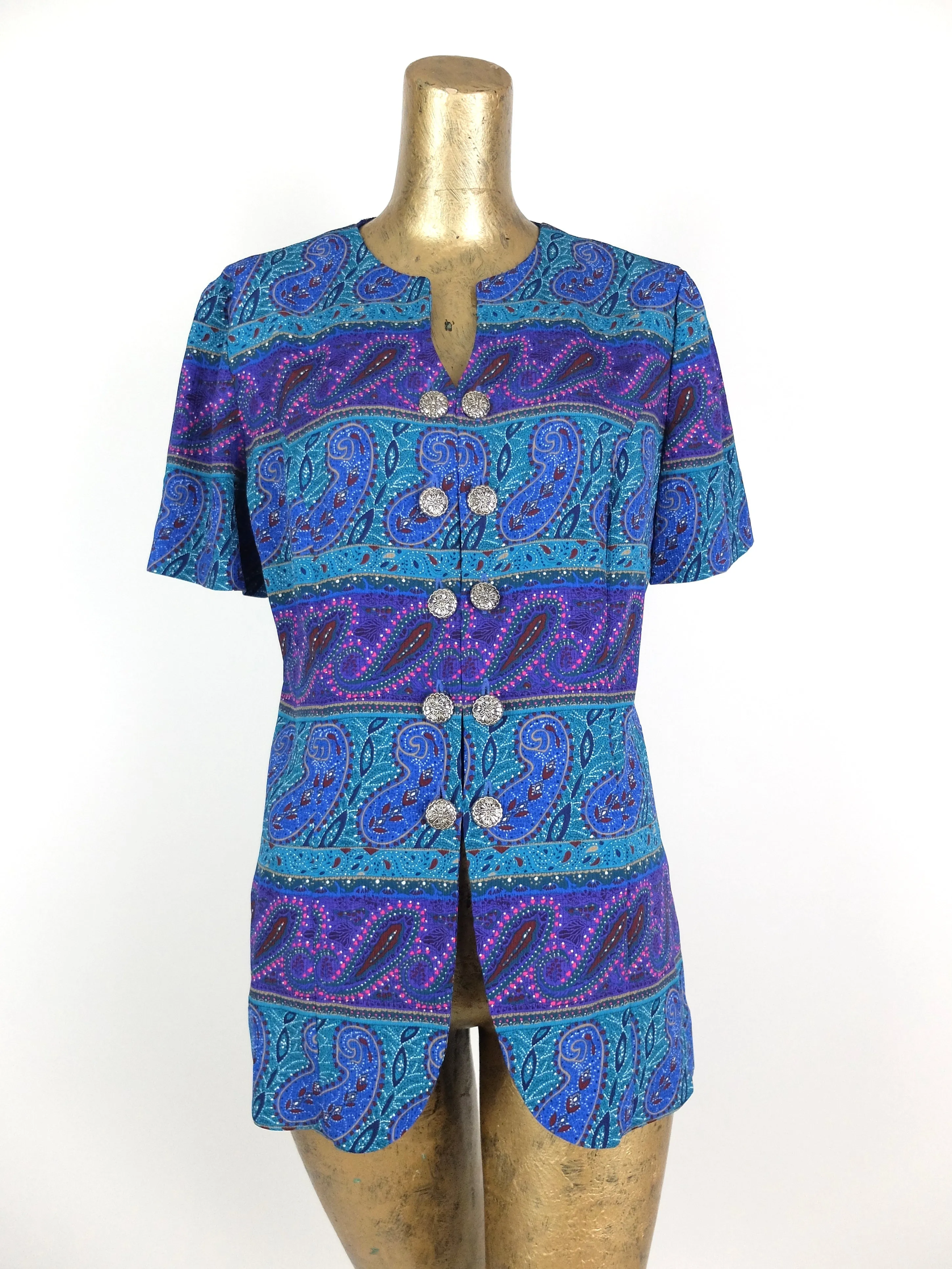 70s Bohemian Boxy V-Neck Intricate Striped Paisley Print Half Sleeve Button Up Blouse