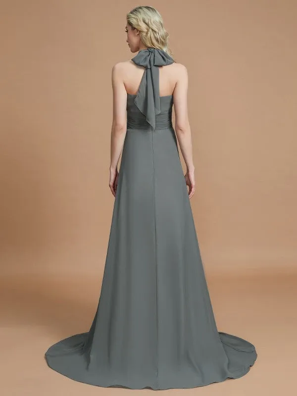 A-Line Halter Sleeveless Chiffon Sweep/Brush Train Bridesmaid Dresses