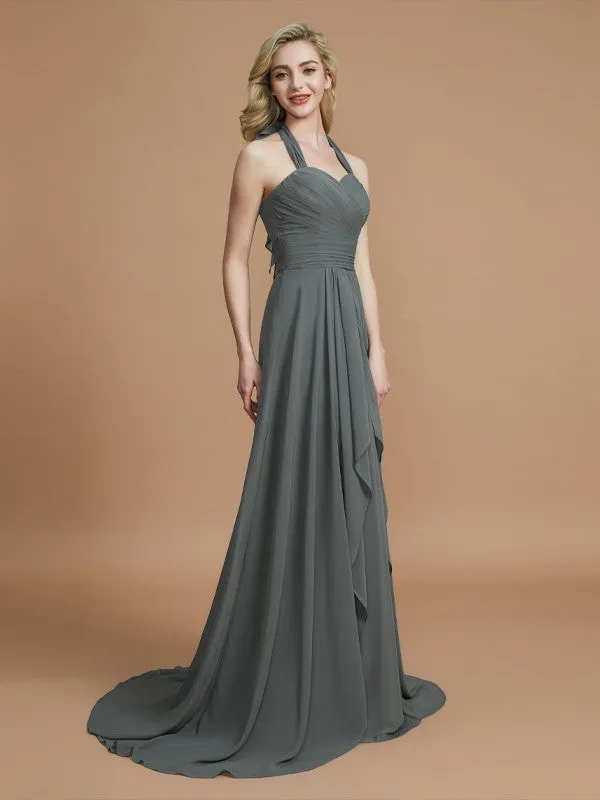 A-Line Halter Sleeveless Chiffon Sweep/Brush Train Bridesmaid Dresses