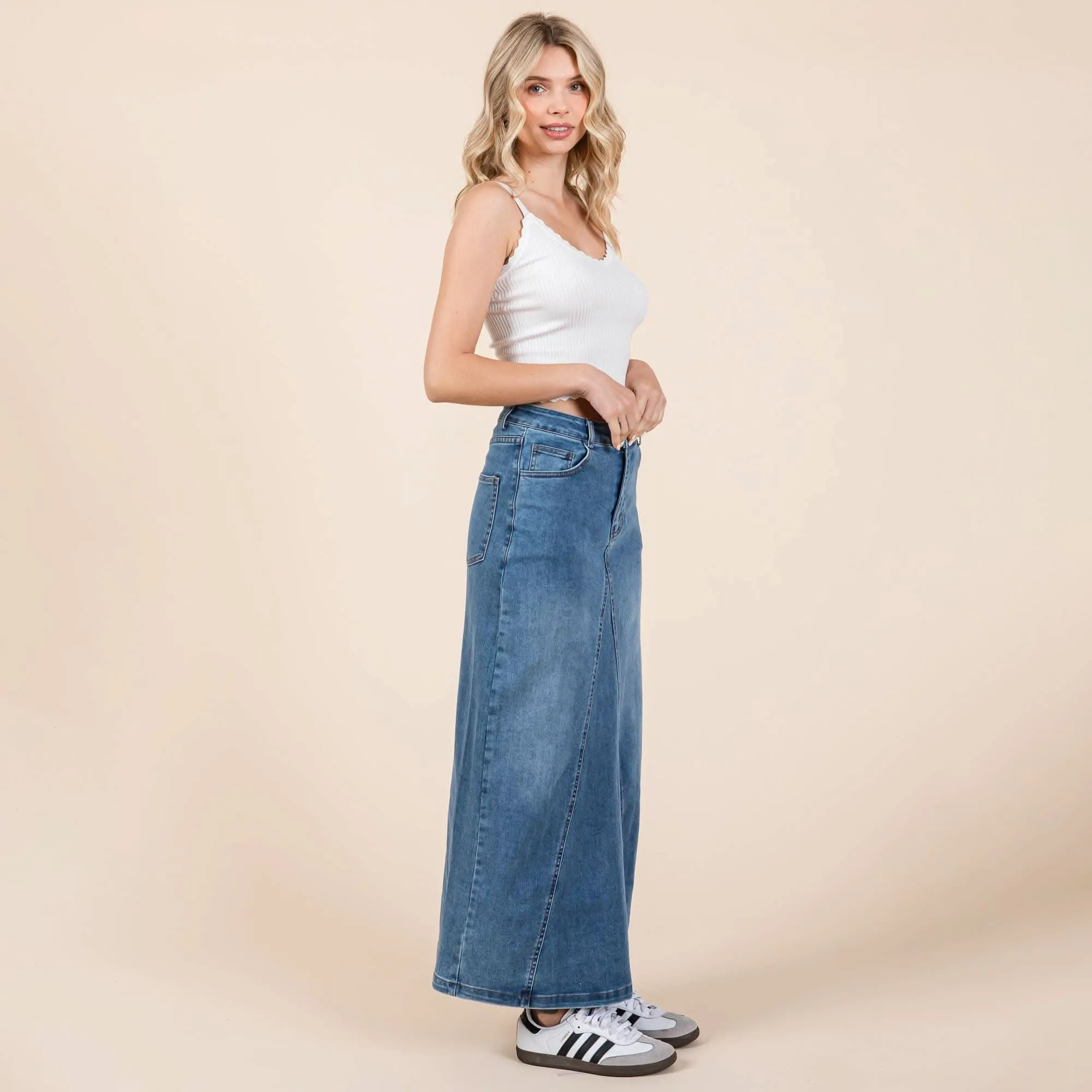 A-line Paneled Denim Long Maxi Skirt