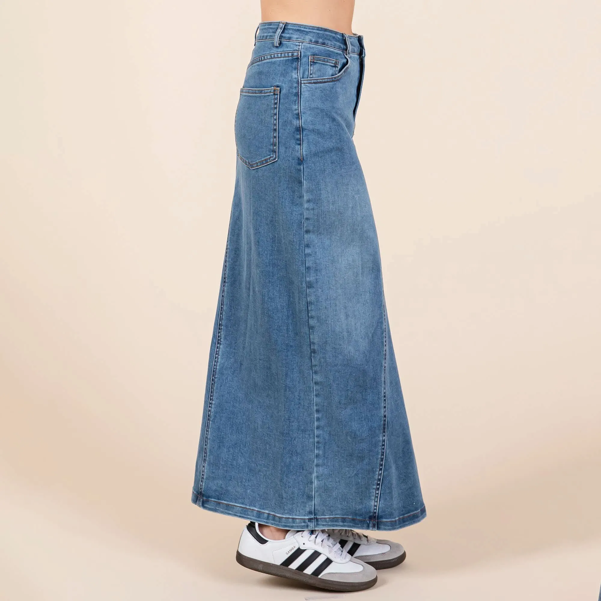 A-line Paneled Denim Long Maxi Skirt