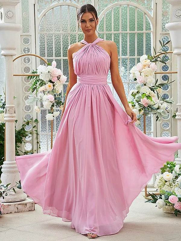 A-Line/Princess Chiffon Ruched Halter Sleeveless Floor-Length Bridesmaid Dresses