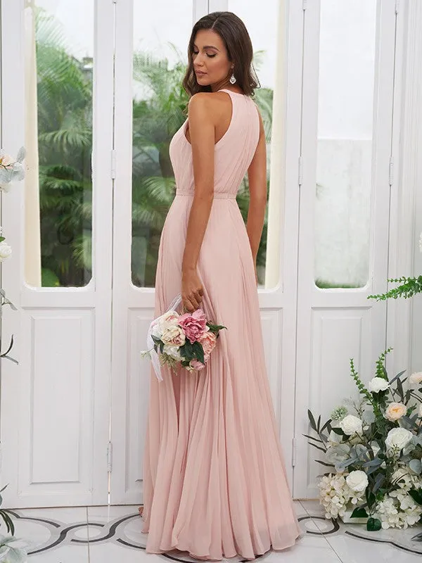 A-Line/Princess Chiffon Ruffles Halter Sleeveless Floor-Length Bridesmaid Dresses