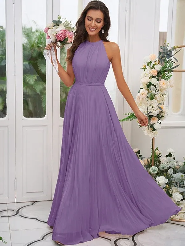 A-Line/Princess Chiffon Ruffles Halter Sleeveless Floor-Length Bridesmaid Dresses