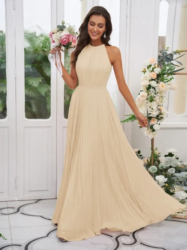 A-Line/Princess Chiffon Ruffles Halter Sleeveless Floor-Length Bridesmaid Dresses