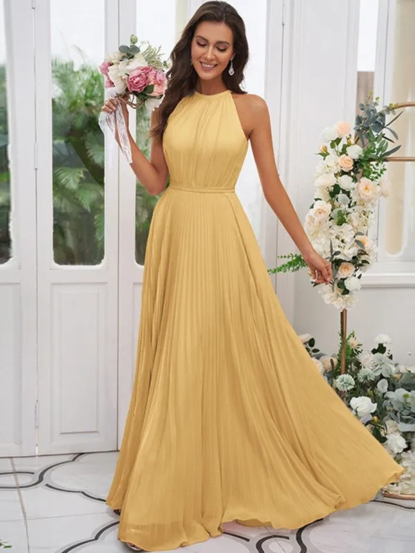 A-Line/Princess Chiffon Ruffles Halter Sleeveless Floor-Length Bridesmaid Dresses