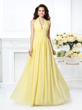 A-Line/Princess Halter Pleats Sleeveless Long Chiffon Bridesmaid Dresses