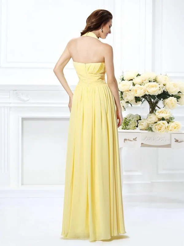 A-Line/Princess Halter Pleats Sleeveless Long Chiffon Bridesmaid Dresses