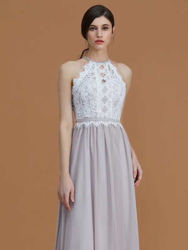 A-Line/Princess Halter Sleeveless Floor-Length Lace Chiffon Bridesmaid Dresses