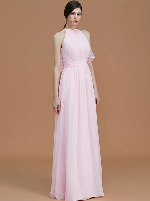 A-Line/Princess Halter Sleeveless Floor-Length Ruffles Chiffon Bridesmaid Dresses