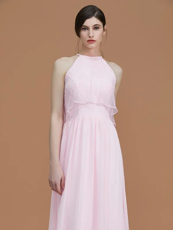 A-Line/Princess Halter Sleeveless Floor-Length Ruffles Chiffon Bridesmaid Dresses