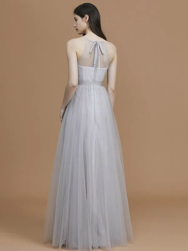 A-Line/Princess Halter Sleeveless Floor-Length Ruffles Tulle Bridesmaid Dresses