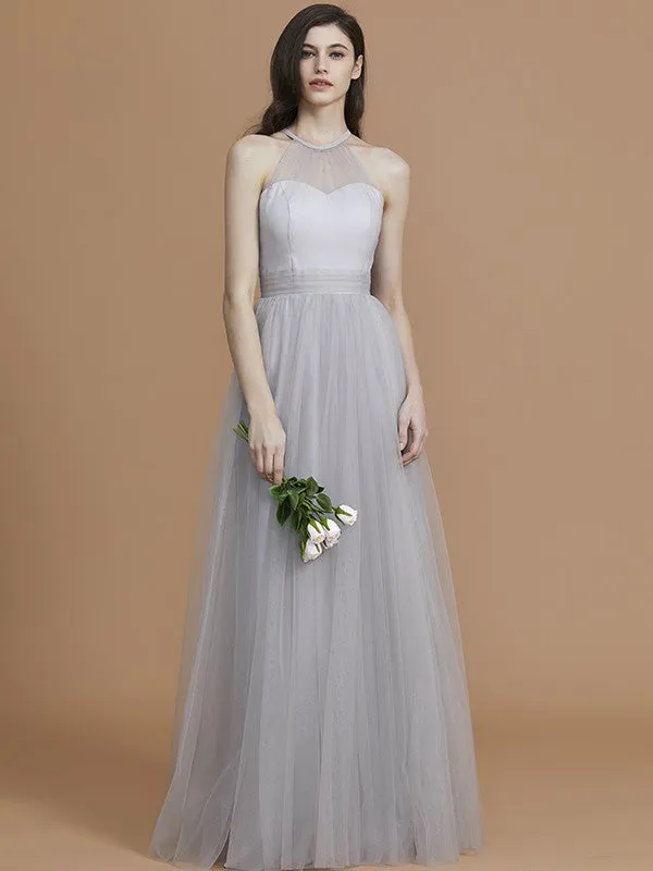 A-Line/Princess Halter Sleeveless Floor-Length Ruffles Tulle Bridesmaid Dresses