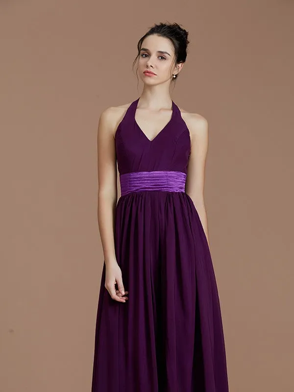 A-Line/Princess Halter Sleeveless Sash/Ribbon/Belt Floor-Length Chiffon Bridesmaid Dresses