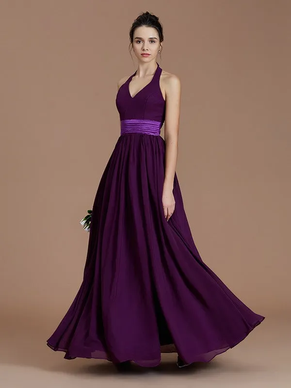 A-Line/Princess Halter Sleeveless Sash/Ribbon/Belt Floor-Length Chiffon Bridesmaid Dresses