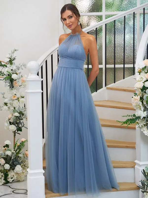 A-Line/Princess Tulle Ruched Halter Sleeveless Floor-Length Bridesmaid Dresses