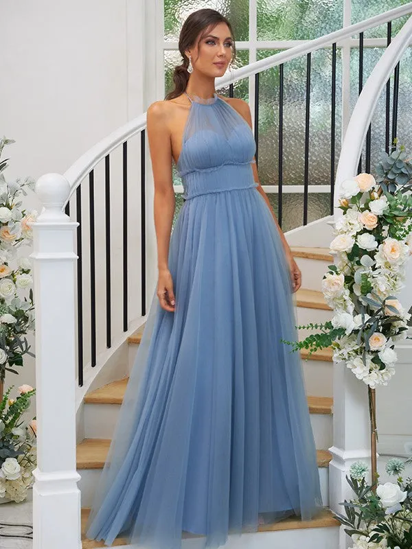 A-Line/Princess Tulle Ruched Halter Sleeveless Floor-Length Bridesmaid Dresses