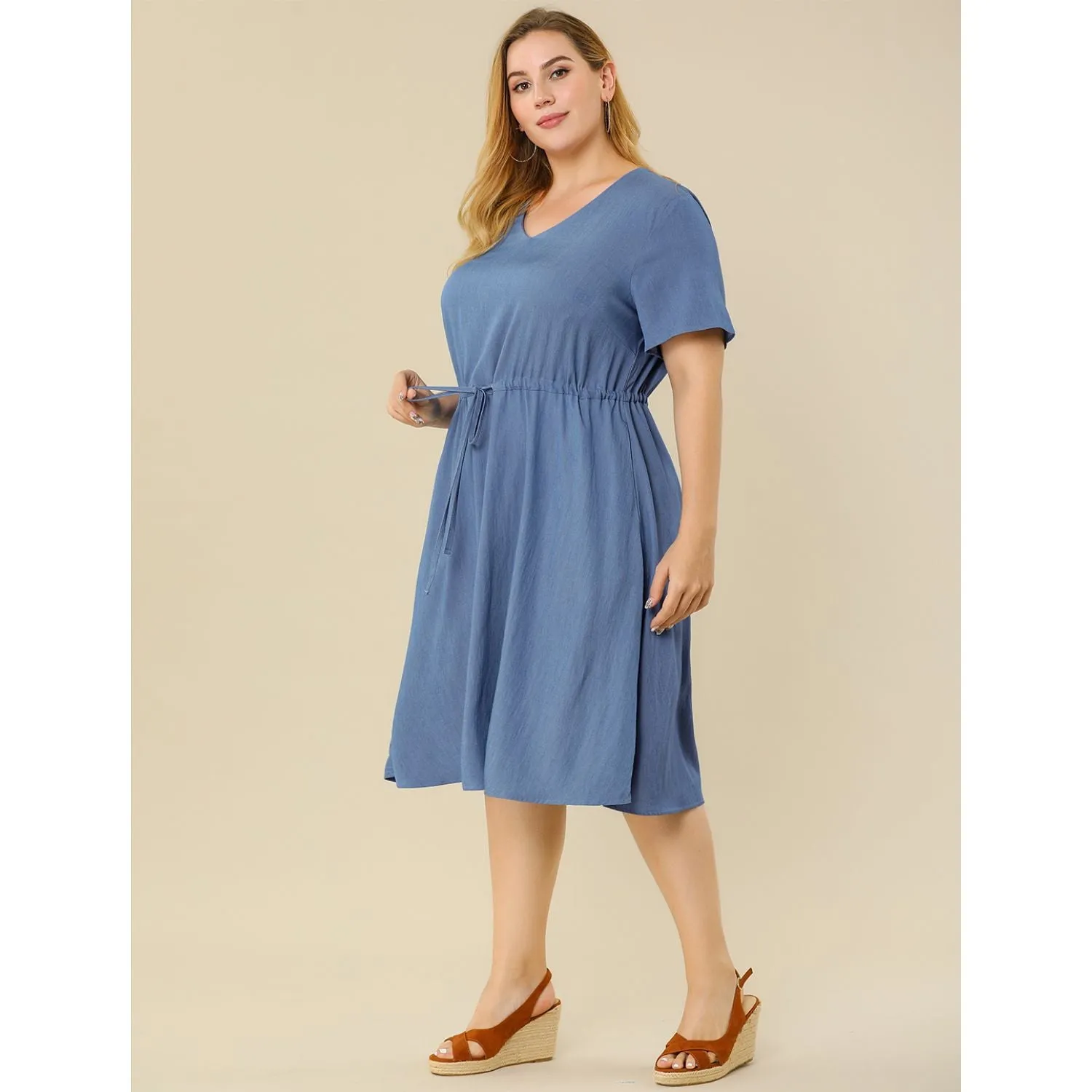 Agnes Orinda Women's Autumn Plus Size Denim Tie Midi Shirt Dress in Chambray , dark blue