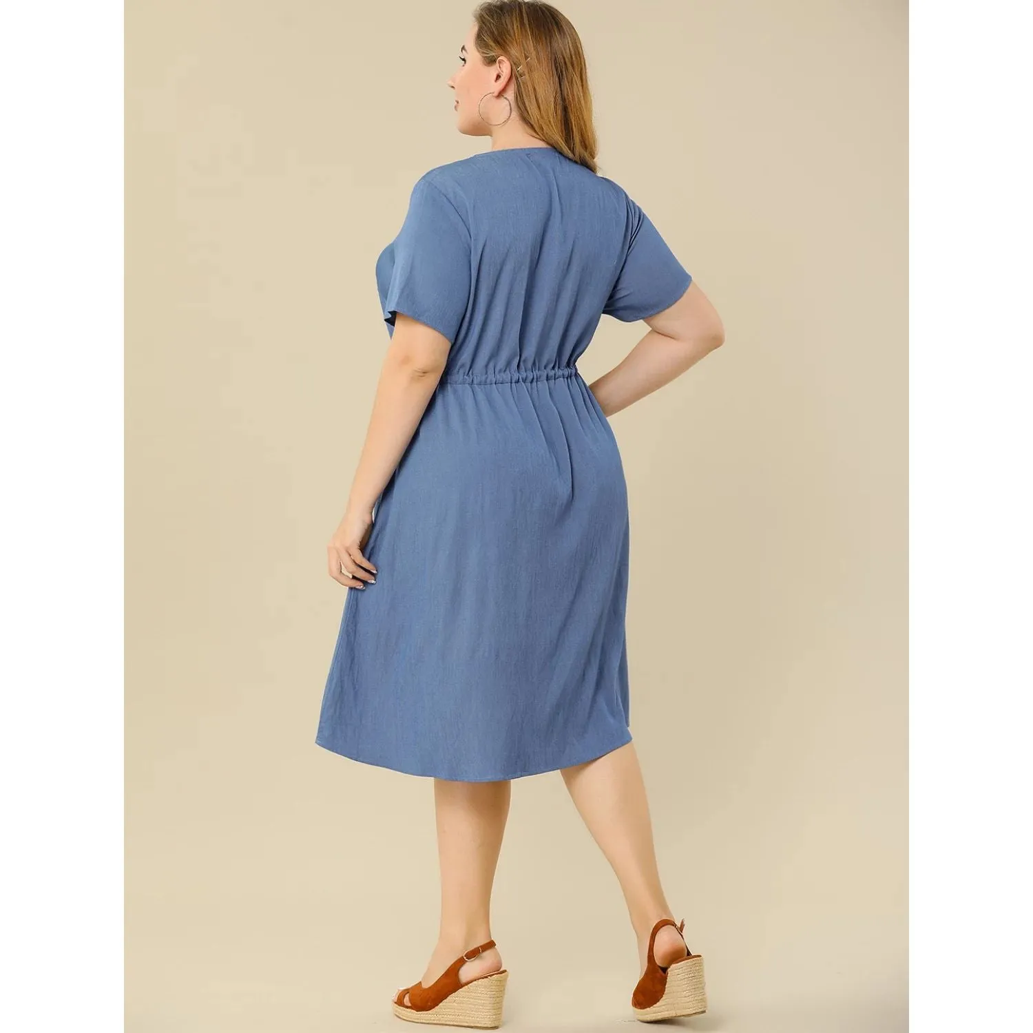 Agnes Orinda Women's Autumn Plus Size Denim Tie Midi Shirt Dress in Chambray , dark blue