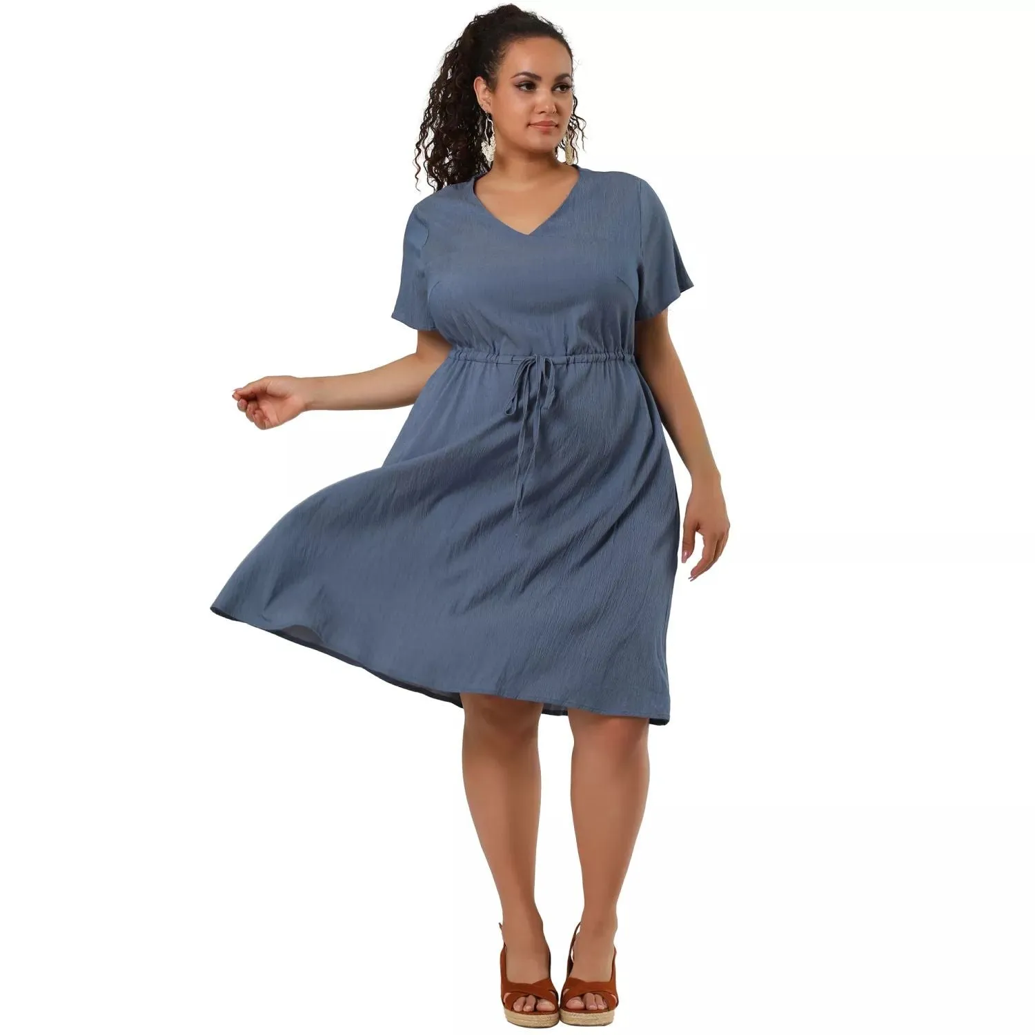 Agnes Orinda Women's Autumn Plus Size Denim Tie Midi Shirt Dress in Chambray , dark blue