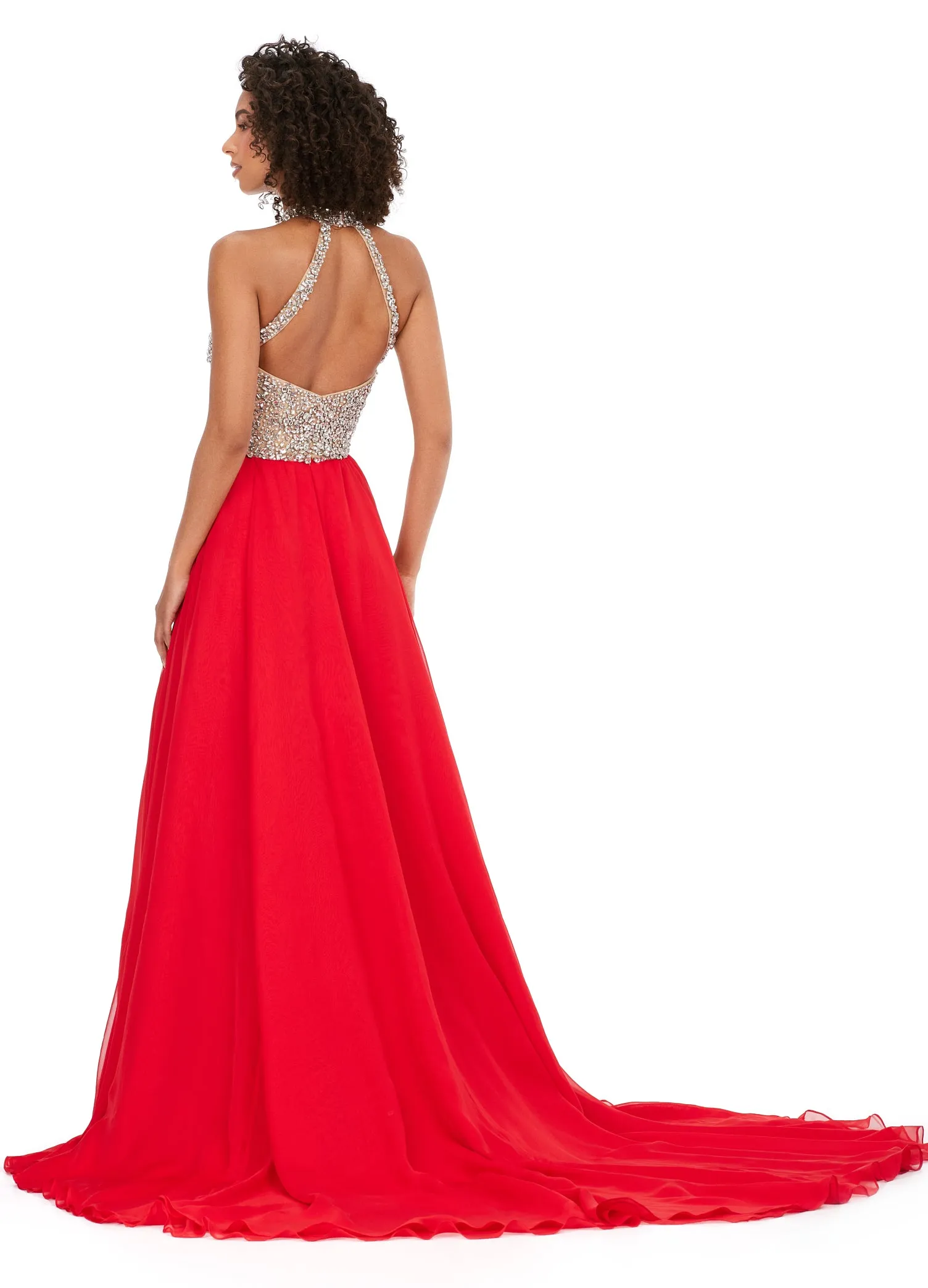 Ashley Lauren 11248 Chiffon Crystal Gown Beaded Bustier Maxi Slit Cross Back Halter Neckline A-Line Formal Dress Prom