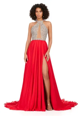 Ashley Lauren 11248 Chiffon Crystal Gown Beaded Bustier Maxi Slit Cross Back Halter Neckline A-Line Formal Dress Prom