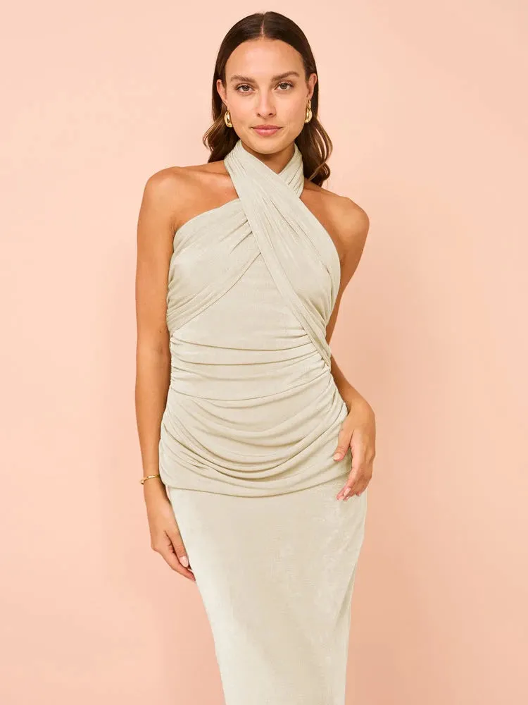 Backless Halter Ruched Maxi Dress for Evening Parties