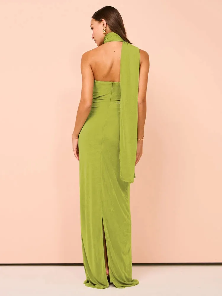 Backless Halter Ruched Maxi Dress for Evening Parties