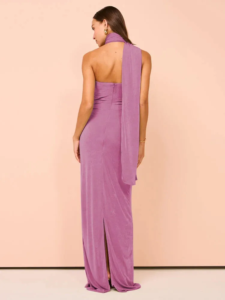 Backless Halter Ruched Maxi Dress for Evening Parties