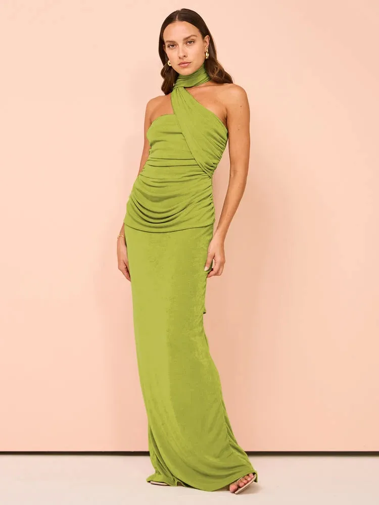 Backless Halter Ruched Maxi Dress for Evening Parties