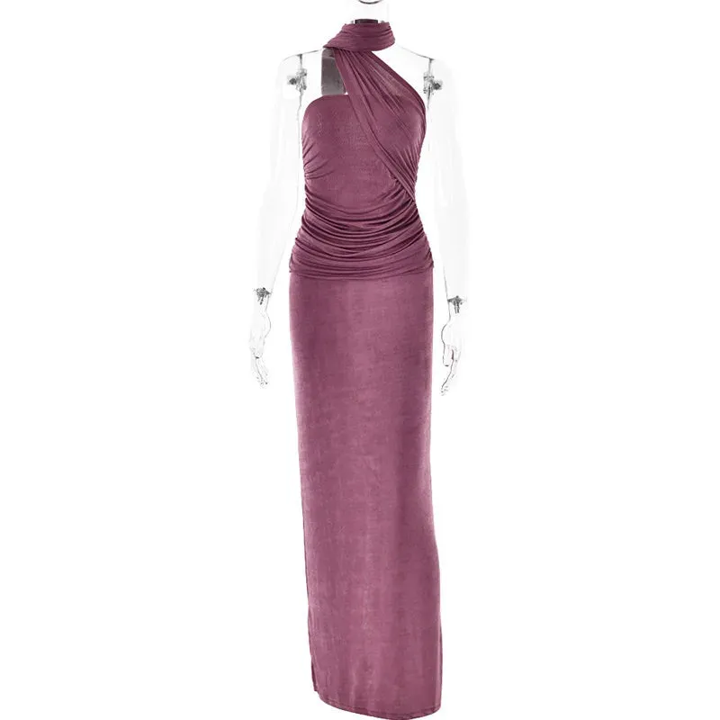 Backless Halter Ruched Maxi Dress for Evening Parties