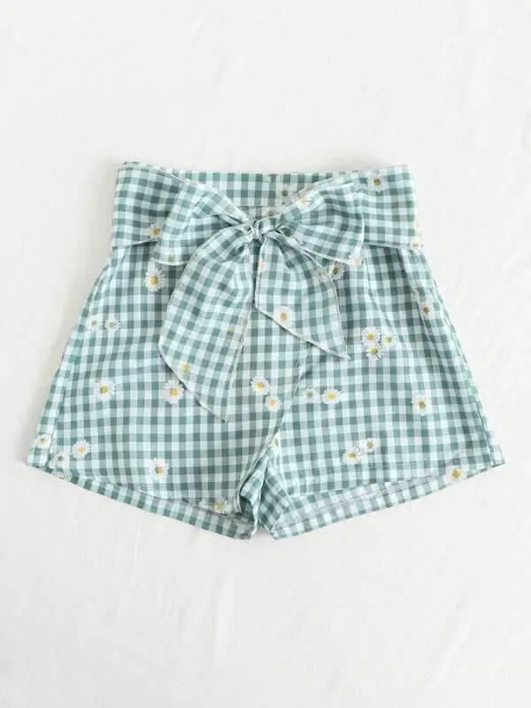 Belted Floral Embroidery Gingham Shorts