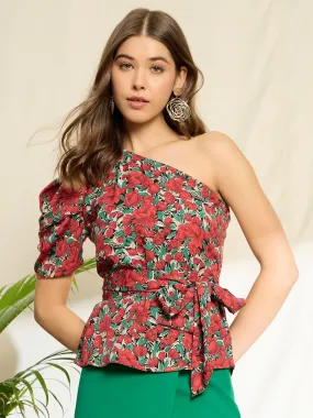 Berrylush Women Red & Green Floral Printed One-Shoulder Neck Puff Sleeve Tie-Up Waist Regular Peplum Top