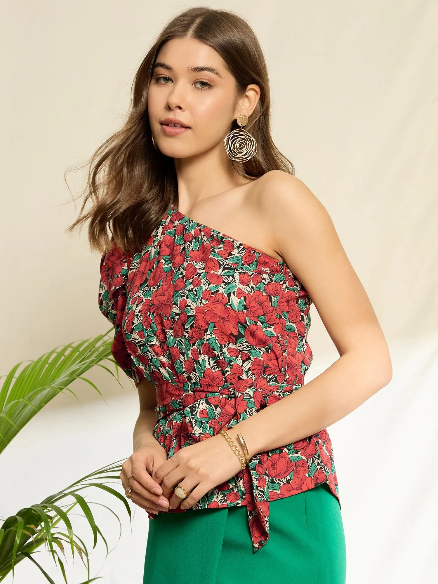 Berrylush Women Red & Green Floral Printed One-Shoulder Neck Puff Sleeve Tie-Up Waist Regular Peplum Top