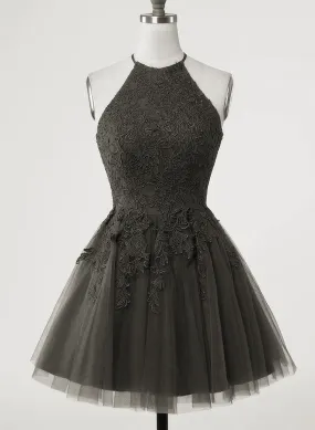 Black Halter Tulle With Lace Short Party Dress, Black Tulle Homecoming Dress