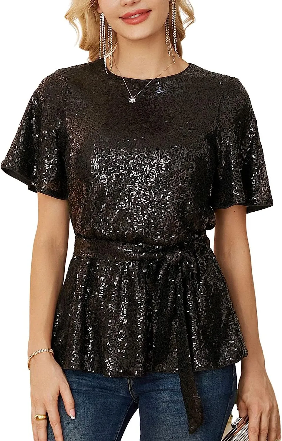 Black Sequin Peplum Top