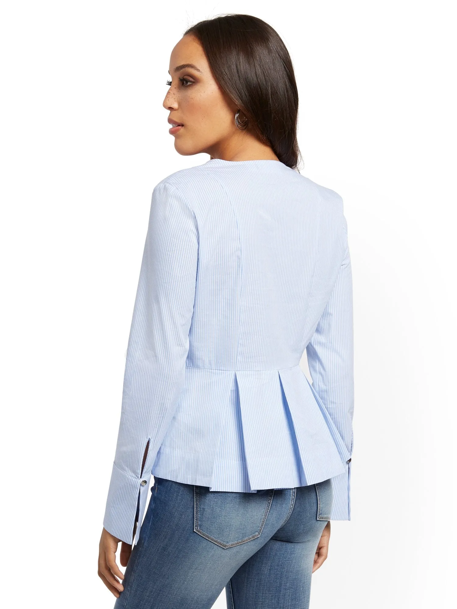 Blue Stripe V-Neck Peplum Shirt - 7th Avenue