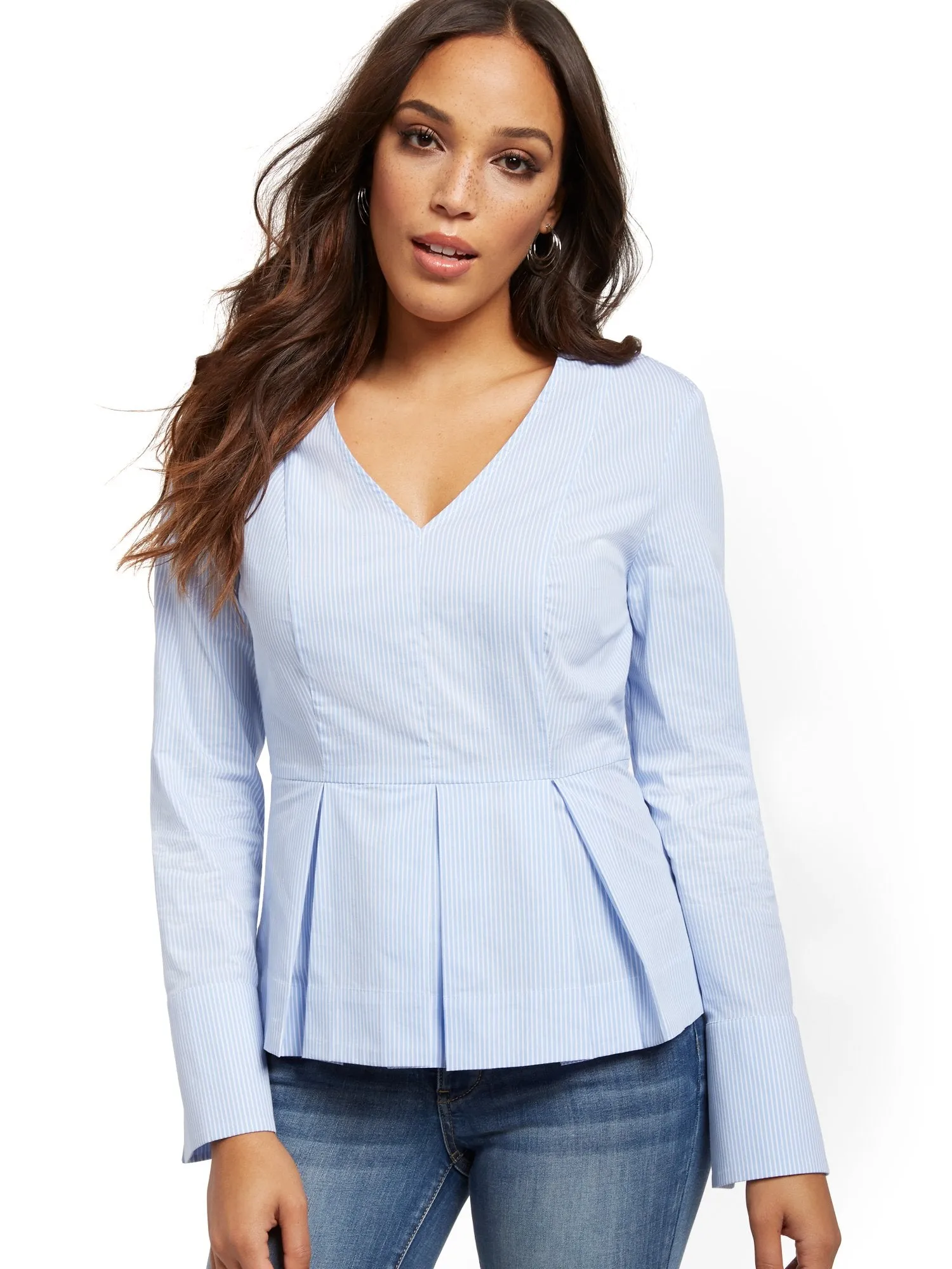 Blue Stripe V-Neck Peplum Shirt - 7th Avenue