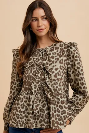 Blue Zone Planet |  Annie Wear Tied Leopard Round Neck Peplum Blouse