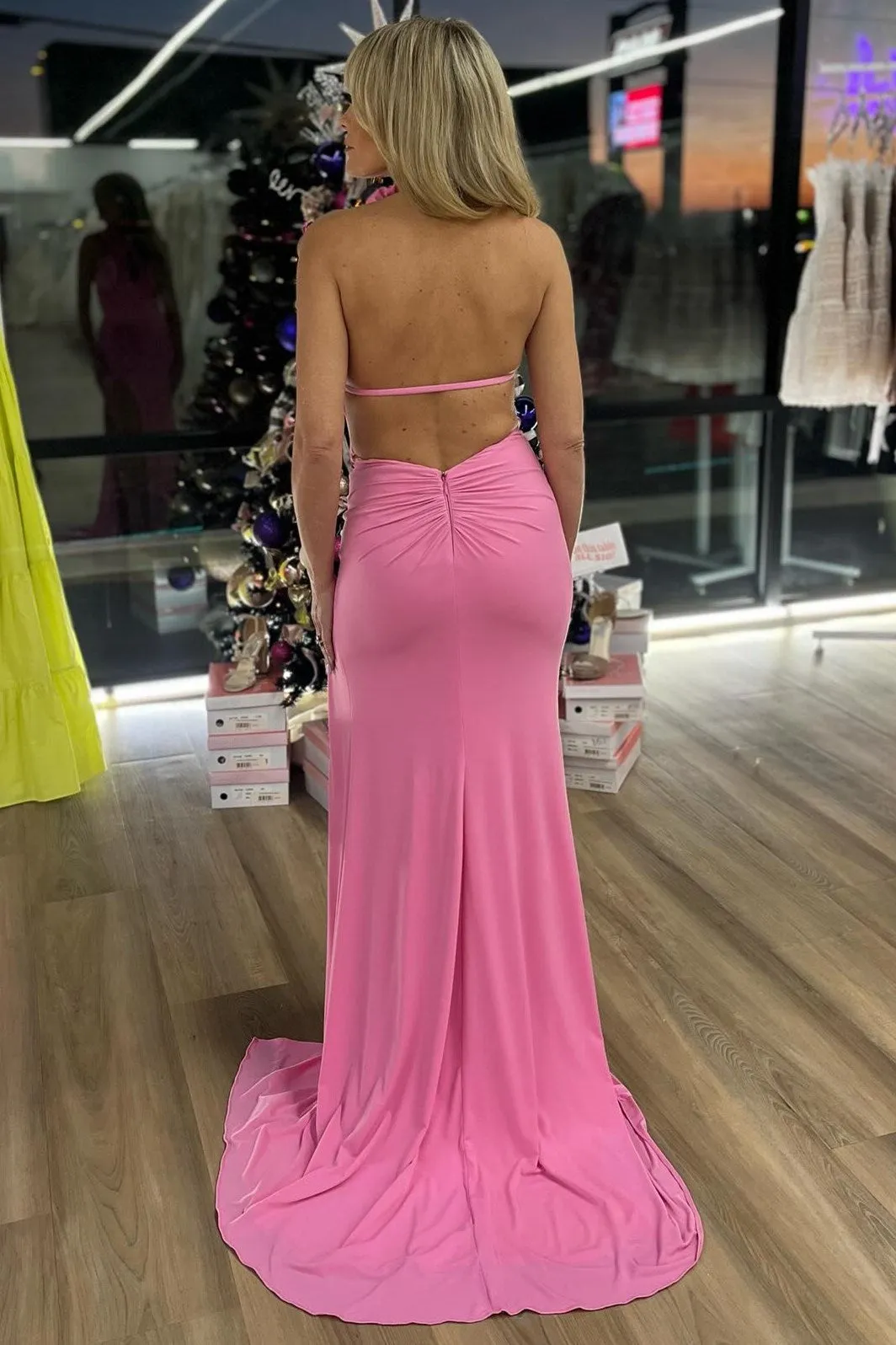 Bruce | Pink Halter Rosette Mermaid Long Formal Dress with Slit