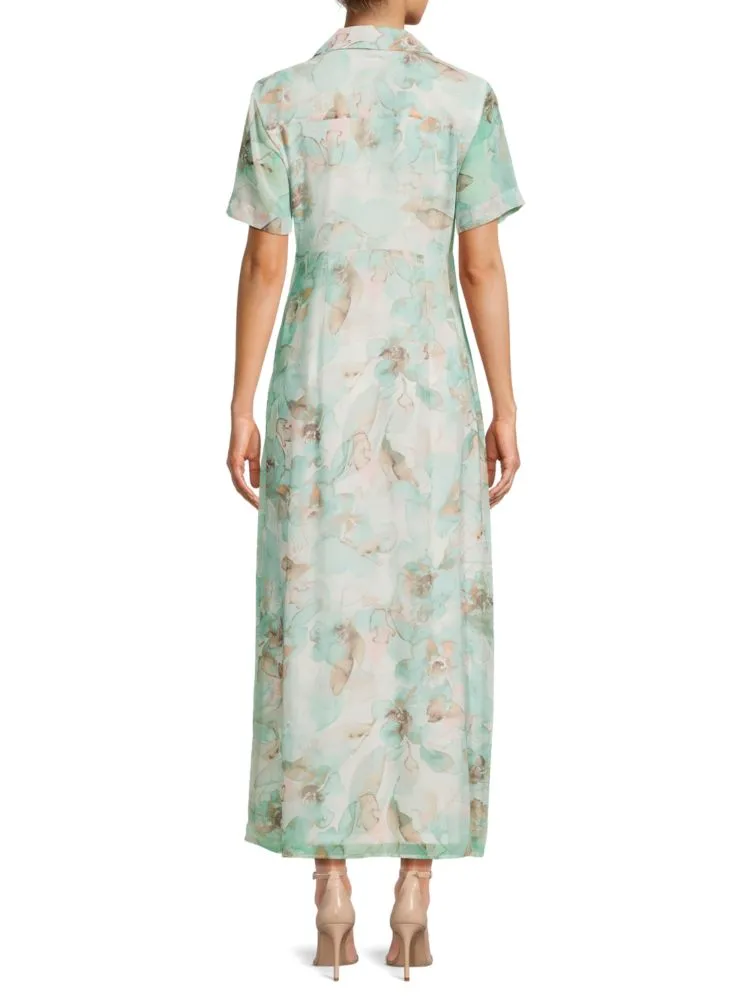 Calvin Klein Floral Shirtdress with Ruched Front, Black