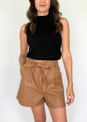 Camel Belted Leather Shorts