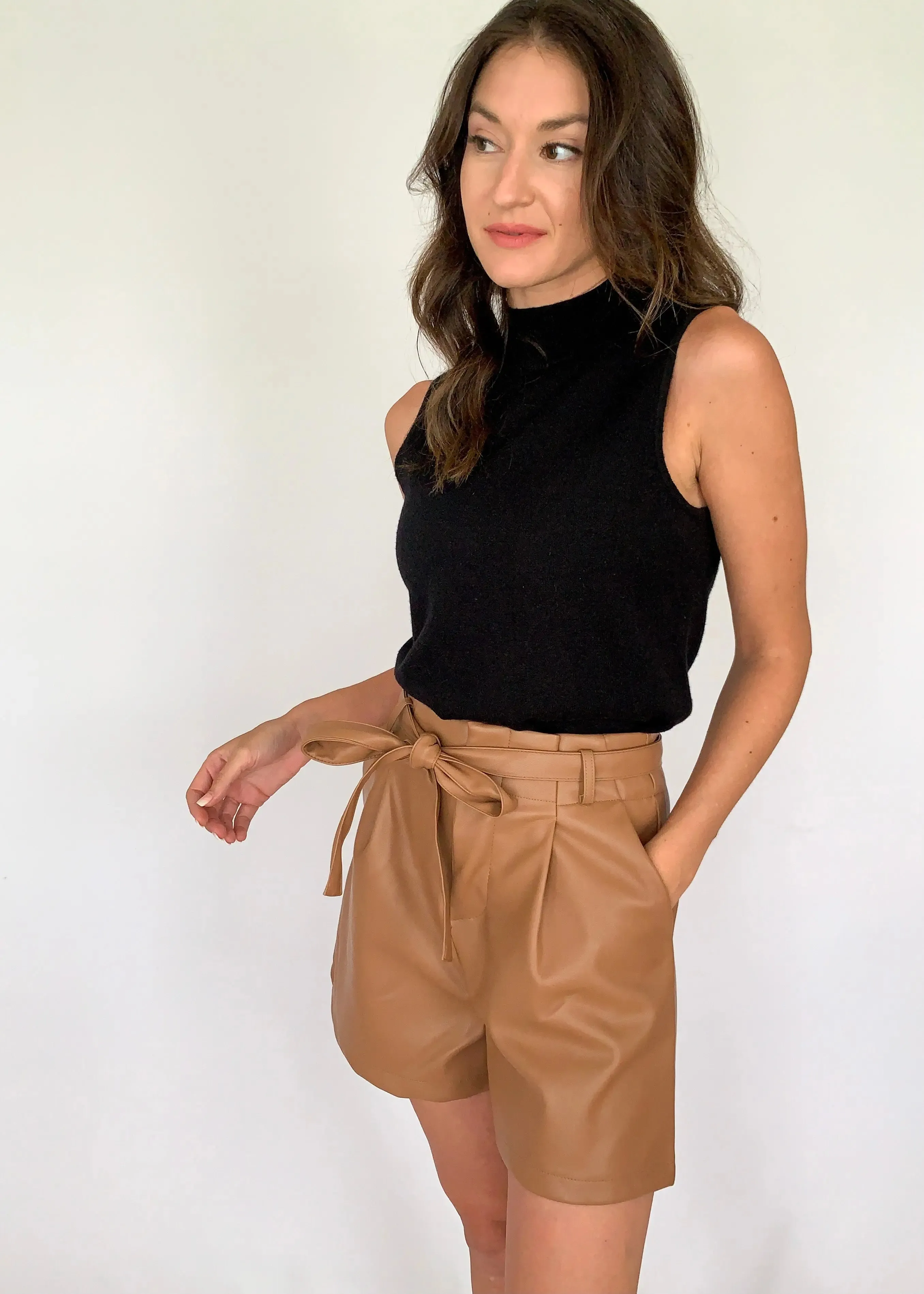 Camel Belted Leather Shorts