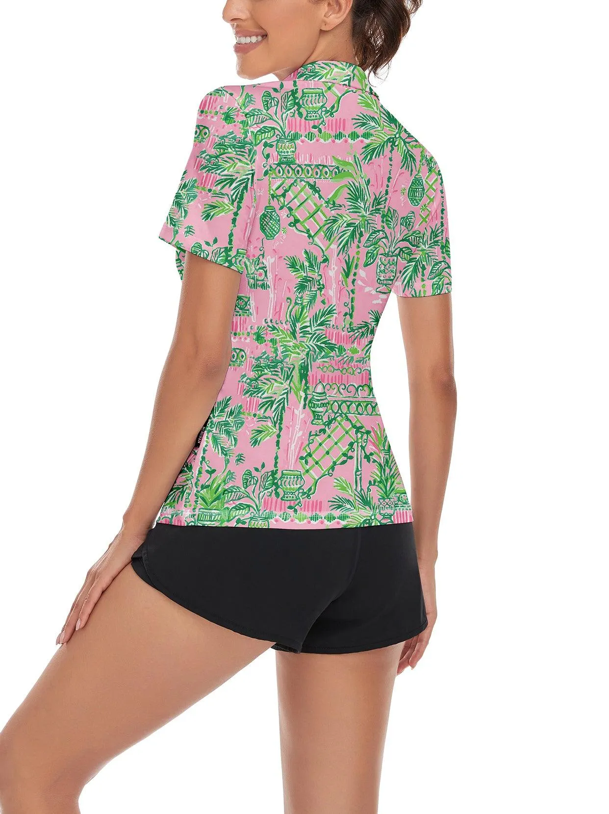 Coconut Trees on Pink Background Short Sleeve Golf Shirt for Women