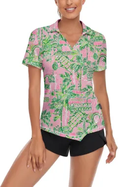 Coconut Trees on Pink Background Short Sleeve Golf Shirt for Women