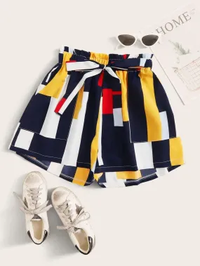 Colorblock Geo Print Belted Shorts