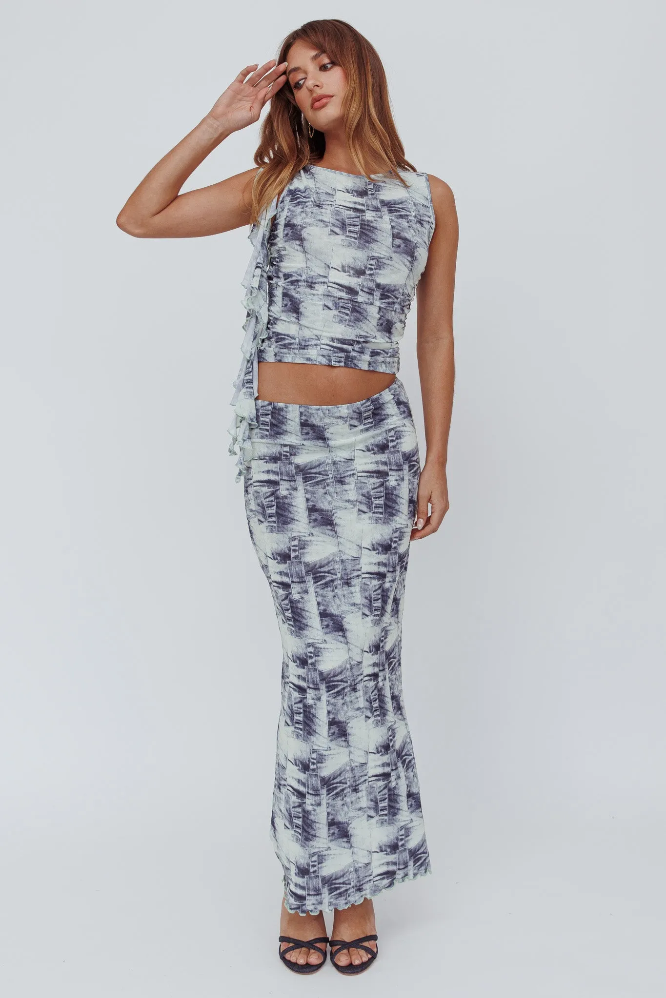 Conspire Print Maxi Skirt Blue Denim