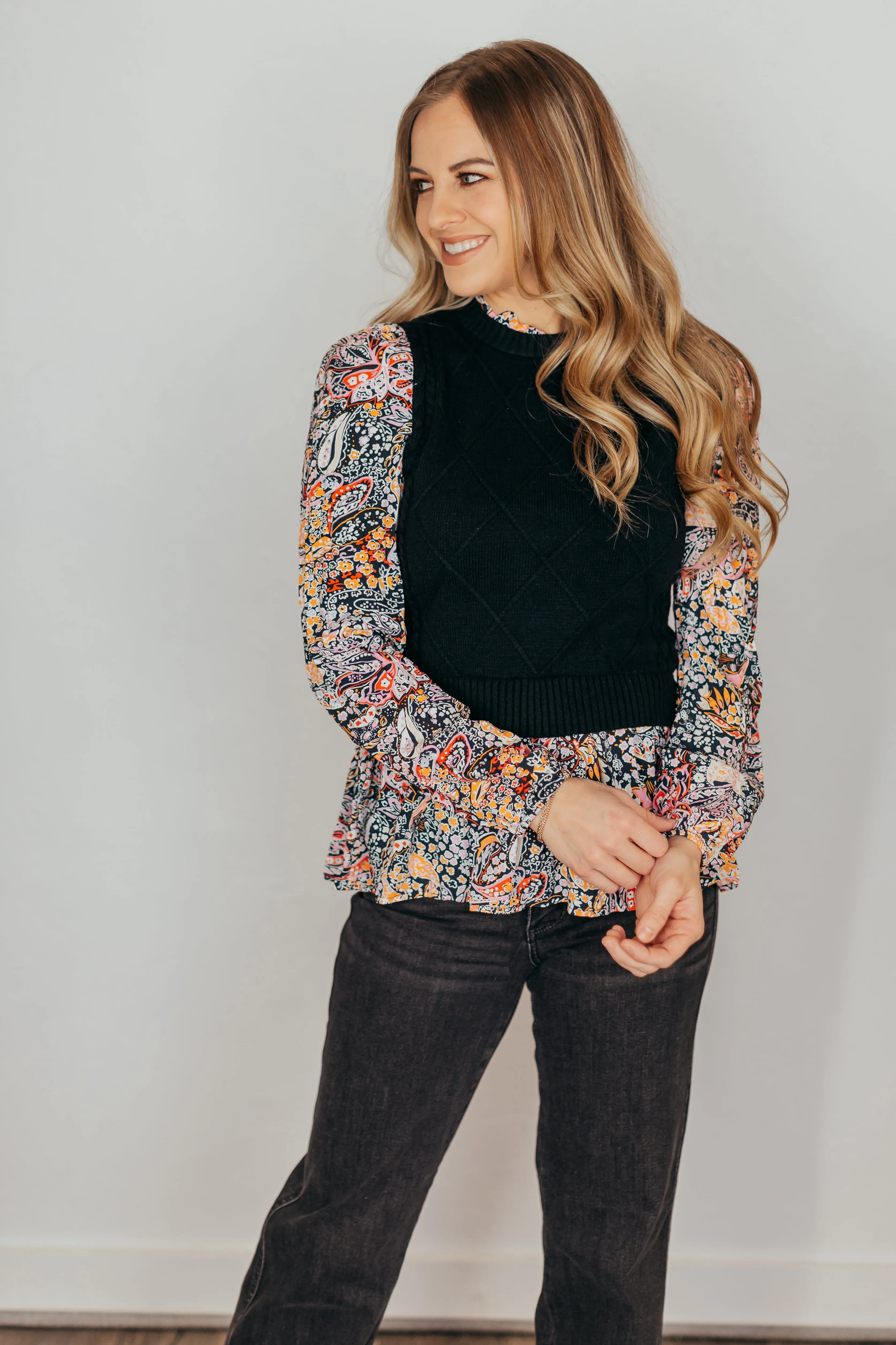 Contrast Floral Sleeve Peplum Sweater