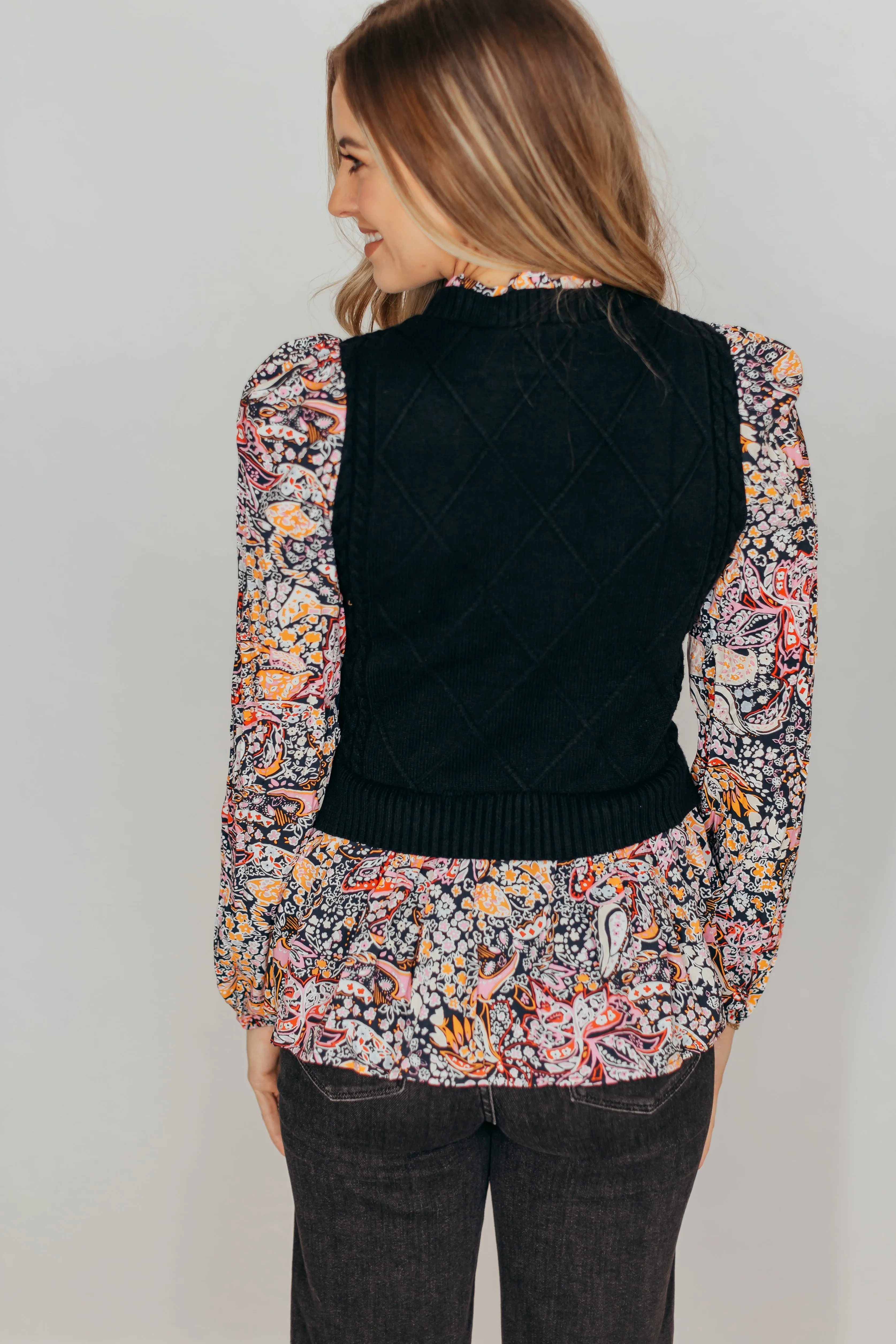 Contrast Floral Sleeve Peplum Sweater