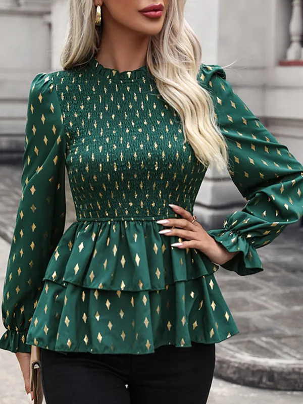 Elegant Gold Print Long Sleeve Peplum Tiered Blouse